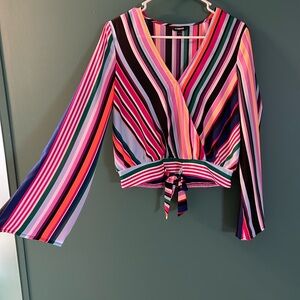Express Colorful Striped Wrap Blouse Bell Sleeve Spring Summer Flowy V neck